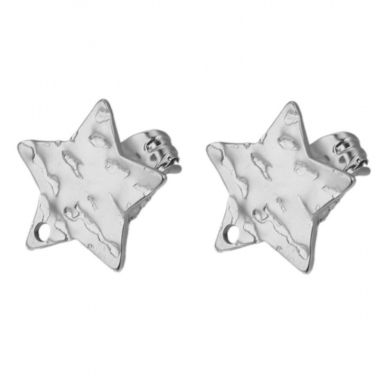 Picture of 304 Stainless Steel Ear Post Stud Earrings Pentagram Star Silver Tone Embossing With Loop 12mm Dia., Post/ Wire Size: (21 gauge), 5 PCs