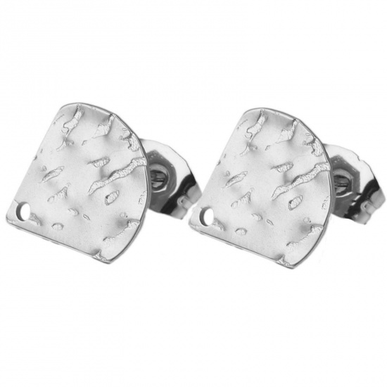 Picture of 304 Stainless Steel Ear Post Stud Earrings Fan-shaped Silver Tone Embossing With Loop 12mm Dia., Post/ Wire Size: (21 gauge), 5 PCs