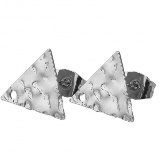 Picture of 304 Stainless Steel Ear Post Stud Earrings Triangle Silver Tone Embossing With Loop 12mm Dia., Post/ Wire Size: (21 gauge), 5 PCs