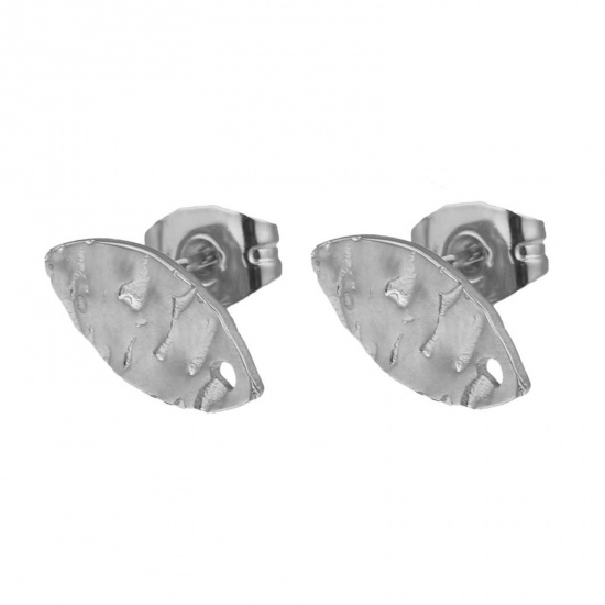 Picture of 304 Stainless Steel Ear Post Stud Earrings Marquise Silver Tone Embossing With Loop 12mm Dia., Post/ Wire Size: (21 gauge), 5 PCs