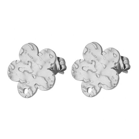 Picture of 304 Stainless Steel Ear Post Stud Earrings Flower Silver Tone Embossing With Loop 12mm Dia., Post/ Wire Size: (21 gauge), 5 PCs