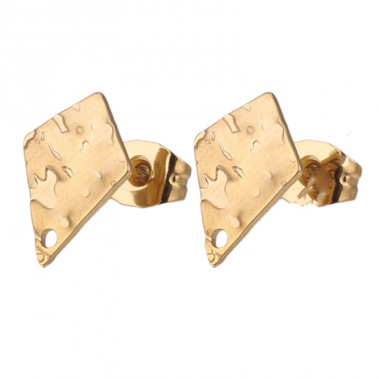 Picture of 5 PCs 304 Stainless Steel Ear Post Stud Earrings Rhombus 18K Gold Plated Embossing With Loop 12mm Dia., Post/ Wire Size: (21 gauge)
