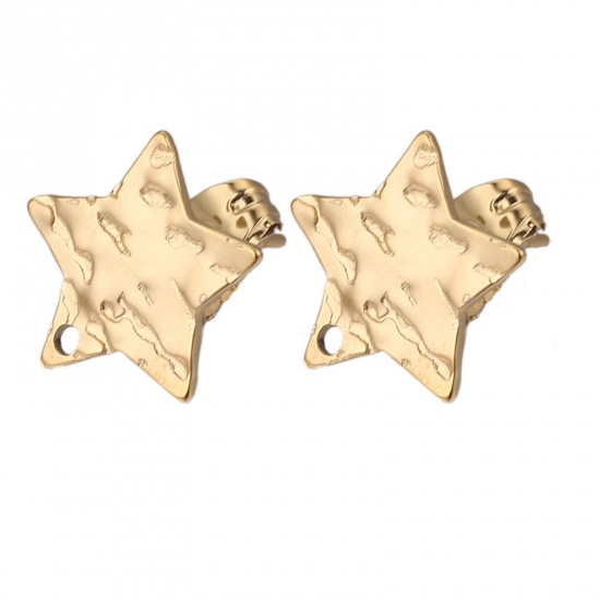 Picture of 5 PCs 304 Stainless Steel Ear Post Stud Earrings Pentagram Star 18K Gold Plated Embossing With Loop 12mm Dia., Post/ Wire Size: (21 gauge)