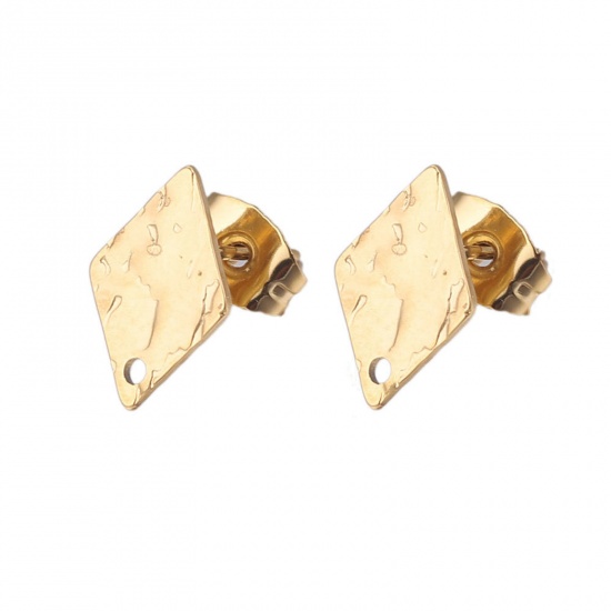 Picture of 5 PCs 304 Stainless Steel Ear Post Stud Earrings Rhombus 18K Gold Plated Embossing With Loop 12mm Dia., Post/ Wire Size: (21 gauge)