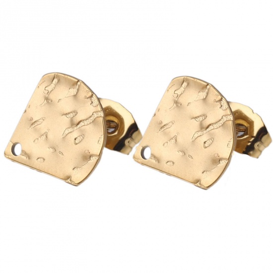 Picture of 5 PCs 304 Stainless Steel Ear Post Stud Earrings Fan-shaped 18K Gold Color Embossing With Loop 12mm Dia., Post/ Wire Size: (21 gauge)