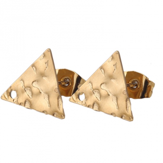Picture of 5 PCs 304 Stainless Steel Ear Post Stud Earrings Triangle 18K Gold Color Embossing With Loop 12mm Dia., Post/ Wire Size: (21 gauge)
