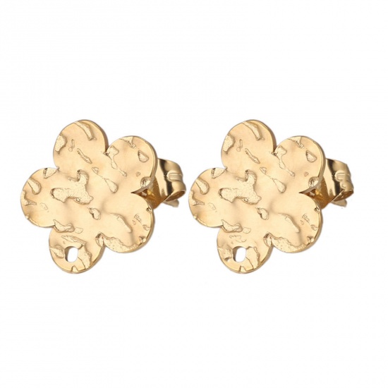 Picture of 5 PCs 304 Stainless Steel Ear Post Stud Earrings Flower 18K Gold Color Embossing With Loop 12mm Dia., Post/ Wire Size: (21 gauge)