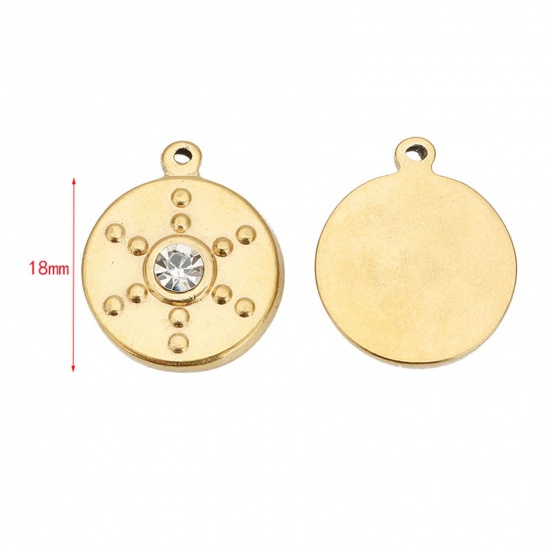 Picture of 304 Stainless Steel Charms Gold Plated Round Embossing Clear Rhinestone 18mm Dia., 1 Piece