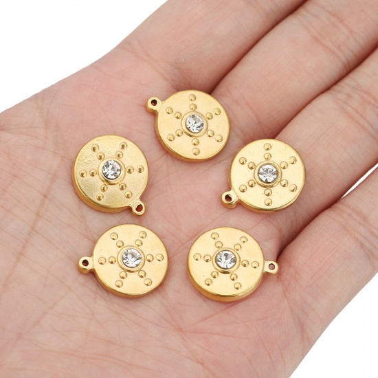 Picture of 304 Stainless Steel Charms Gold Plated Round Embossing Clear Rhinestone 18mm Dia., 1 Piece