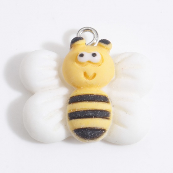Picture of Resin Insect Charms Bee Animal Silver Tone Yellow 24mm x 21mm, 10 PCs