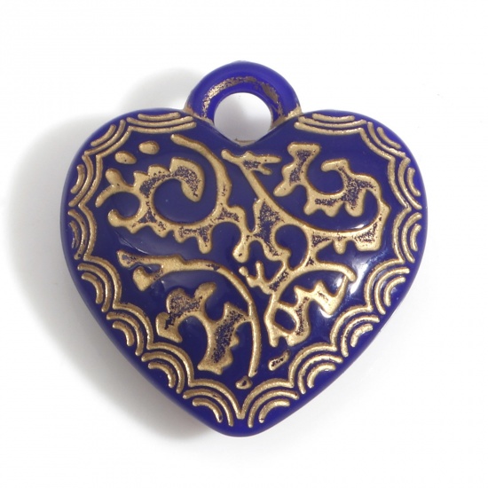 Picture of Acrylic Retro Charms Heart Royal Blue 19.5mm x 18mm, 10 PCs