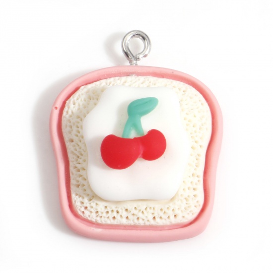 Picture of Resin Charms Bread Cherry Fruit Silver Tone Pink 26mm x 21mm, 5 PCs