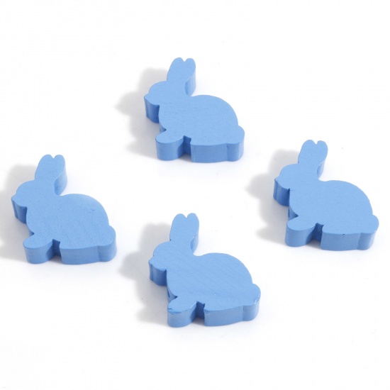 Picture of Hinoki Wood Easter Day Spacer Beads Rabbit Animal Blue About 24mm x 24mm, Hole: Approx 3mm, 10 PCs