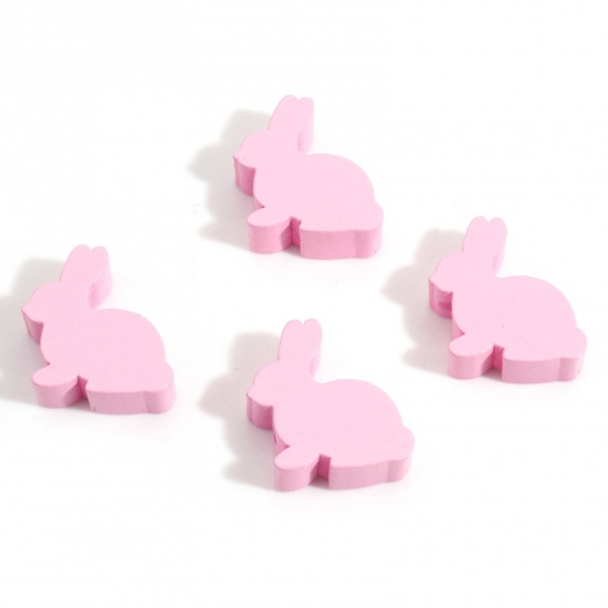 Picture of Hinoki Wood Easter Day Spacer Beads Rabbit Animal Pink About 24mm x 24mm, Hole: Approx 3mm, 10 PCs