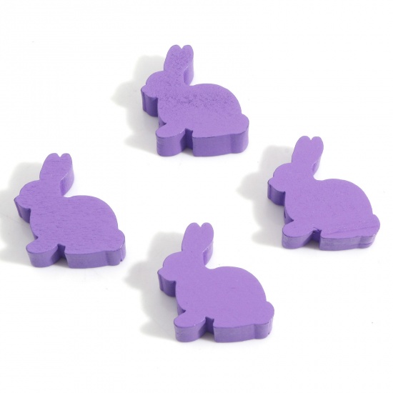 Picture of Hinoki Wood Easter Day Spacer Beads Rabbit Animal Purple About 24mm x 24mm, Hole: Approx 3mm, 10 PCs