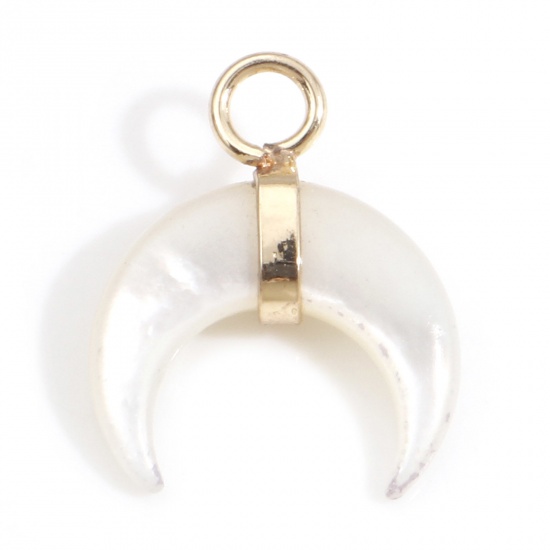 Picture of Natural Shell Galaxy Charms Gold Plated Crescent Moon Double Horn White 16mm x 13mm, 1 Piece