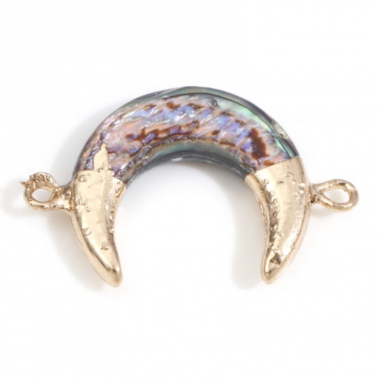 Picture of Natural Shell Galaxy Connectors Gold Plated Crescent Moon Double Horn Multicolor 3cm x 1.9cm, 1 Piece