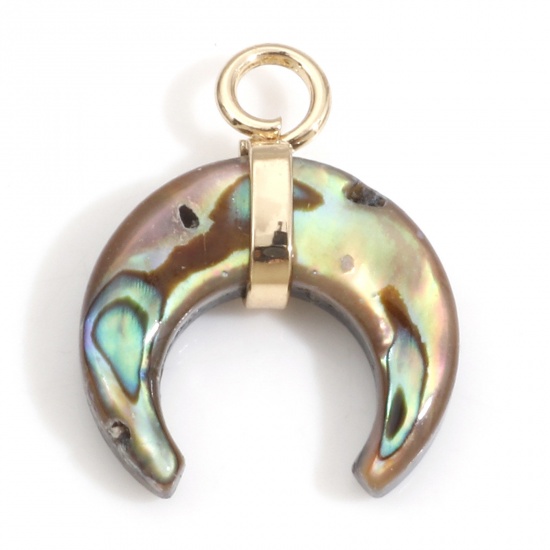 Picture of Natural Shell Galaxy Charms Gold Plated Crescent Moon Double Horn Multicolor 16mm x 13mm, 1 Piece