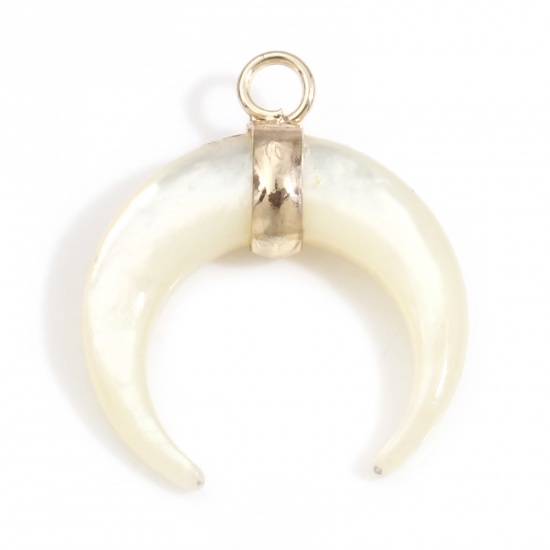Picture of Natural Shell Galaxy Charms Gold Plated Crescent Moon Double Horn White 23mm x 20mm, 1 Piece