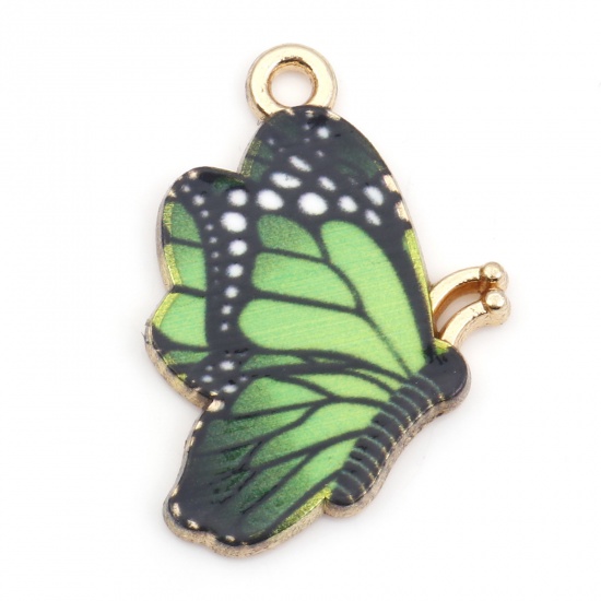 Picture of Zinc Based Alloy Insect Charms Gold Plated Green Butterfly Animal Enamel 27mm x 19mm, 10 PCs