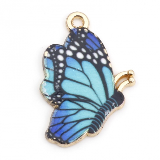 Picture of Zinc Based Alloy Insect Charms Gold Plated Blue Butterfly Animal Enamel 27mm x 19mm, 10 PCs