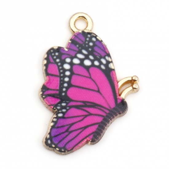 Picture of Zinc Based Alloy Insect Charms Gold Plated Fuchsia Butterfly Animal Enamel 27mm x 19mm, 10 PCs