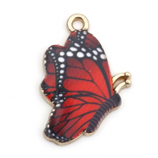 Picture of Zinc Based Alloy Insect Charms Gold Plated Red Butterfly Animal Enamel 27mm x 19mm, 10 PCs