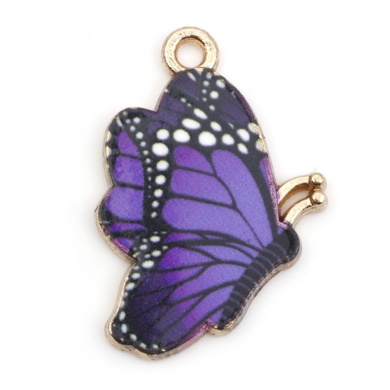 Picture of Zinc Based Alloy Insect Charms Gold Plated Purple Butterfly Animal Enamel 27mm x 19mm, 10 PCs