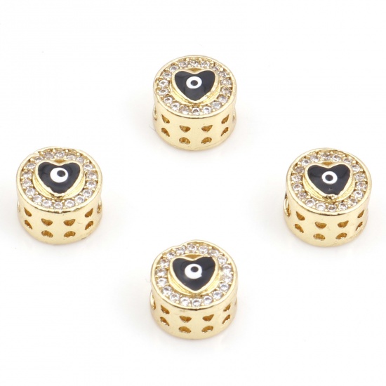 Picture of Brass Religious Spacer Beads Gold Plated Black Flat Round Evil Eye Micro Pave Clear Cubic Zirconia 8mm Dia., Hole: Approx 3mm, 2 PCs                                                                                                                          