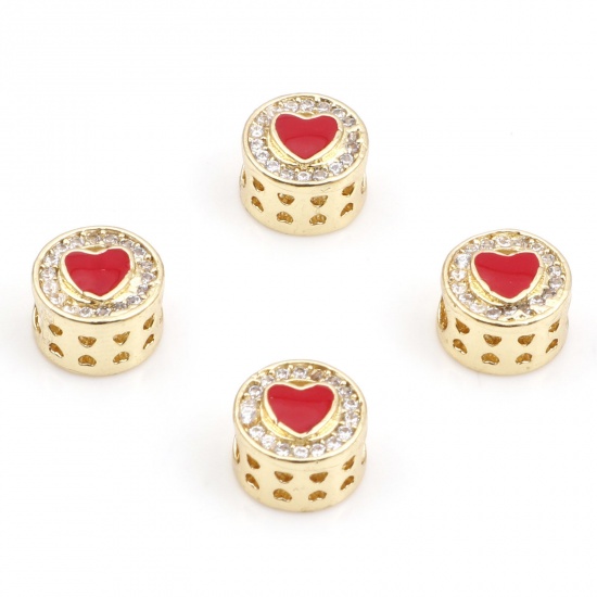 Picture of Brass Religious Spacer Beads Gold Plated Red Flat Round Evil Eye Micro Pave Clear Cubic Zirconia 8mm Dia., Hole: Approx 3mm, 2 PCs                                                                                                                            