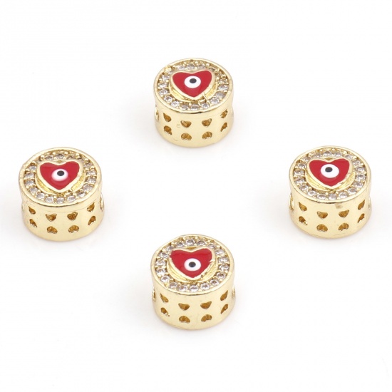 Picture of Brass Religious Spacer Beads Gold Plated Red Flat Round Evil Eye Micro Pave Clear Cubic Zirconia 8mm Dia., Hole: Approx 3mm, 2 PCs                                                                                                                            