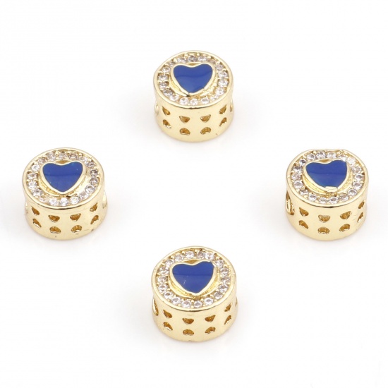 Picture of Brass Religious Spacer Beads Gold Plated Royal Blue Flat Round Evil Eye Micro Pave Clear Cubic Zirconia 8mm Dia., Hole: Approx 3mm, 2 PCs                                                                                                                     