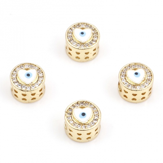 Picture of Brass Religious Spacer Beads Gold Plated White Flat Round Evil Eye Micro Pave Clear Cubic Zirconia 8mm Dia., Hole: Approx 3mm, 2 PCs                                                                                                                          