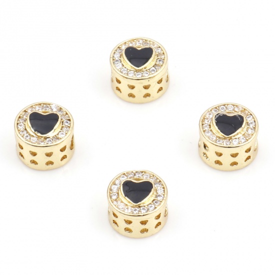 Picture of Brass Religious Spacer Beads Gold Plated Black Flat Round Evil Eye Micro Pave Clear Cubic Zirconia 8mm Dia., Hole: Approx 3mm, 2 PCs                                                                                                                          