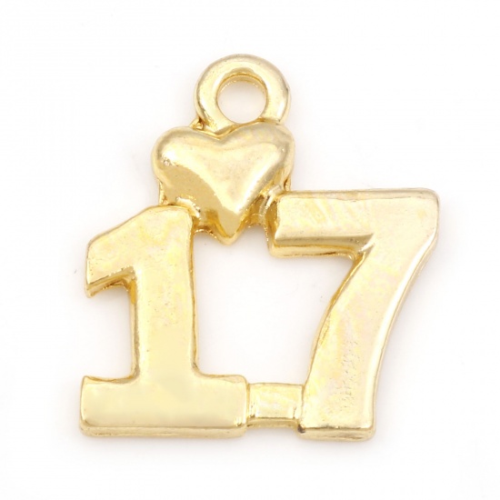 Picture of Zinc Based Alloy Charms Gold Plated Number Message " 17 " 18mm x 16mm, 20 PCs