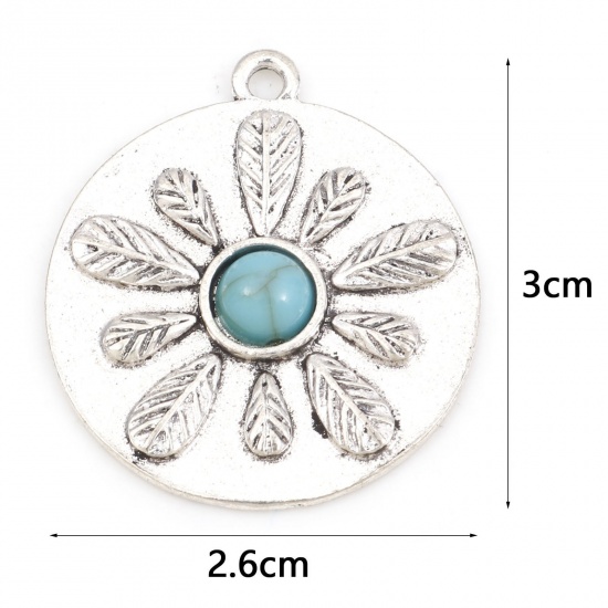 Picture of Zinc Based Alloy Boho Chic Bohemia Pendants Antique Silver Color Flower Leaves With Resin Cabochons Imitation Turquoise 3cm x 2.6cm, 5 PCs