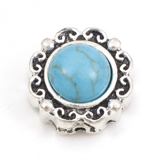 Picture of Zinc Based Alloy Boho Chic Bohemia Spacer Beads Antique Silver Color Carved Pattern With Resin Cabochons Imitation Turquoise About 15mm Dia., Hole: Approx 1mm, 10 PCs