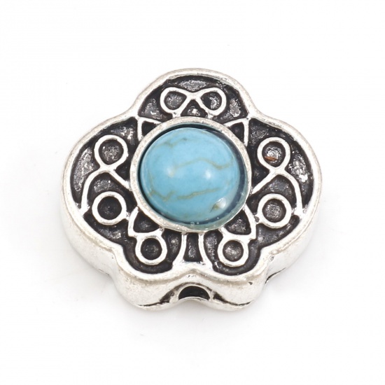 Picture of Zinc Based Alloy Boho Chic Bohemia Spacer Beads Antique Silver Color Carved Pattern With Resin Cabochons Imitation Turquoise About 13.8mm x 12.6mm, Hole: Approx 1mm, 10 PCs
