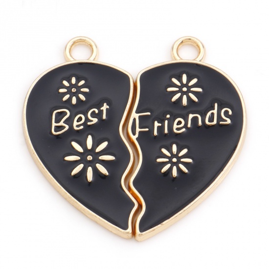 Bild von Zinklegierung Beste Freunde Anhänger Gebrochenes Herz Vergoldet Schwarz Message " BEST FRIENDS " Emaille 3.1cm x 3cm, 10 Paare