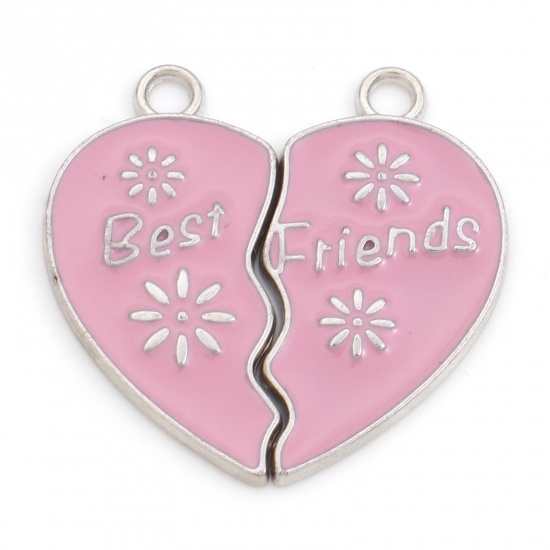 Bild von Zinklegierung Beste Freunde Anhänger Gebrochenes Herz Silberfarbe Rosa Message " BEST FRIENDS " Emaille 3.1cm x 3cm, 10 Paare