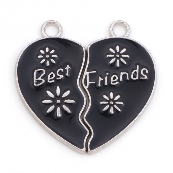 Bild von Zinklegierung Beste Freunde Anhänger Gebrochenes Herz Silberfarbe Schwarz Message " BEST FRIENDS " Emaille 3.1cm x 3cm, 10 Paare