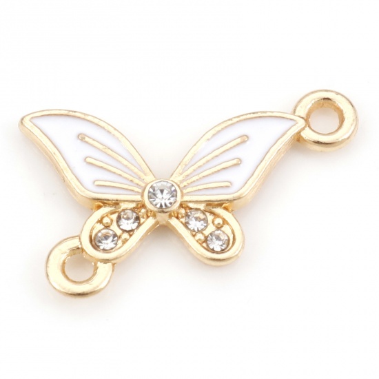 Picture of Zinc Based Alloy Insect Connectors Butterfly Animal Gold Plated White Enamel Clear Rhinestone 20mm x 13mm, 20 PCs