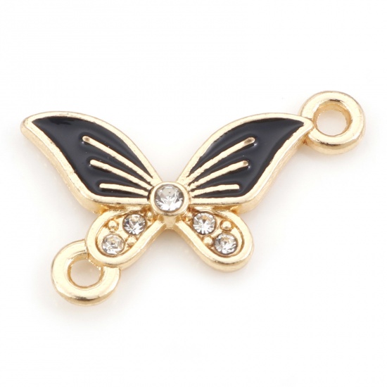 Picture of Zinc Based Alloy Insect Connectors Butterfly Animal Gold Plated Black Enamel Clear Rhinestone 20mm x 13mm, 20 PCs