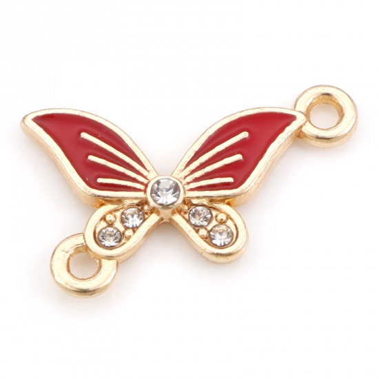 Picture of Zinc Based Alloy Insect Connectors Butterfly Animal Gold Plated Red Enamel Clear Rhinestone 20mm x 13mm, 20 PCs