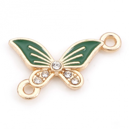 Picture of Zinc Based Alloy Insect Connectors Butterfly Animal Gold Plated Green Enamel Clear Rhinestone 20mm x 13mm, 20 PCs