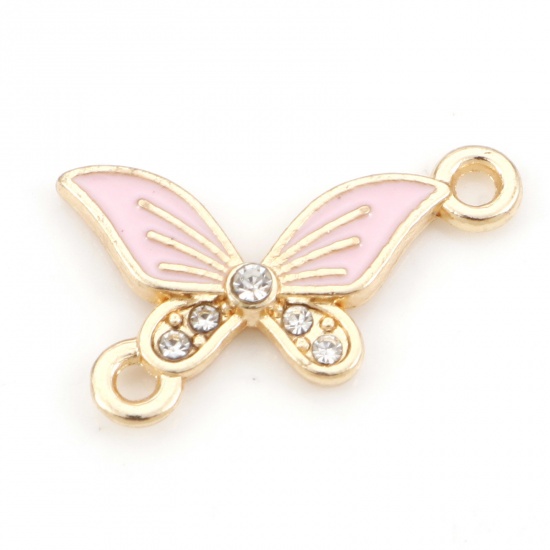 Picture of Zinc Based Alloy Insect Connectors Butterfly Animal Gold Plated Pink Enamel Clear Rhinestone 20mm x 13mm, 20 PCs