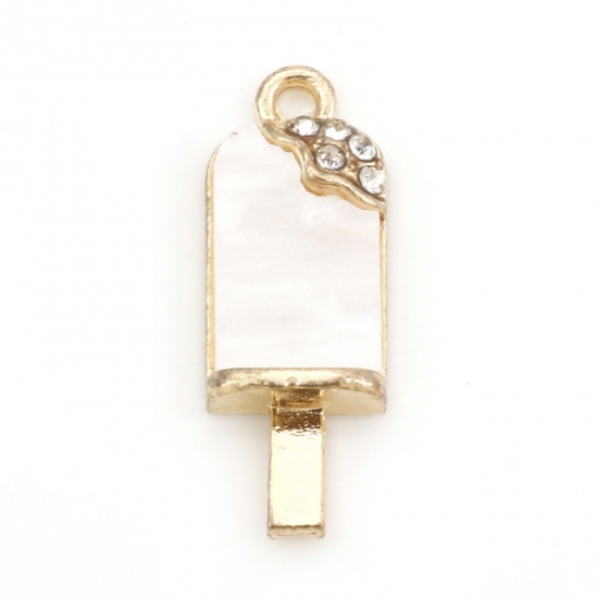 Picture of Zinc Based Alloy & Acrylic Charms Gold Plated White Ice Cream Clear Rhinestone 20mm x 8mm, 10 PCs