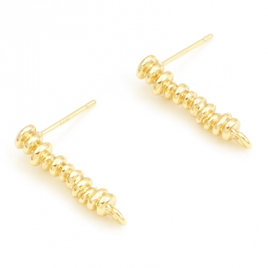 Picture of Brass Ear Post Stud Earrings 18K Real Gold Plated Strip Spiral With Loop 21.3mm x 3.9mm, Post/ Wire Size: (21 gauge), 2 PCs