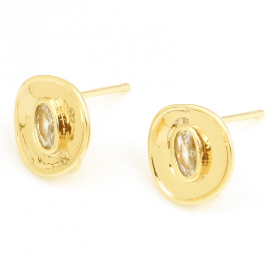 Picture of Brass Ear Post Stud Earrings 18K Real Gold Plated Round With Loop Clear Cubic Zirconia 14mm x 11mm, Post/ Wire Size: (21 gauge), 2 PCs