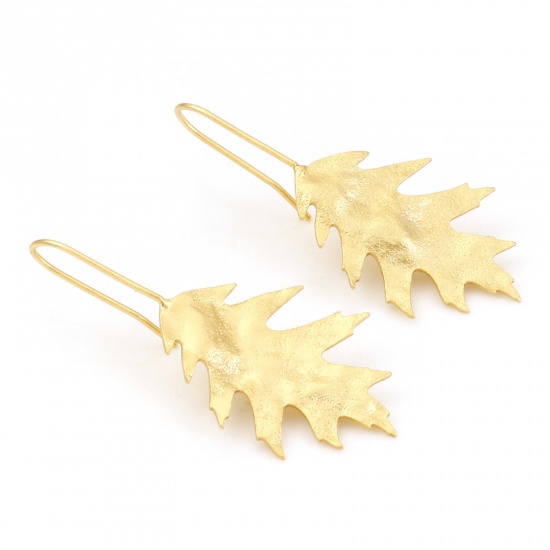 Picture of Brass Flora Collection Ear Wire Hook Earrings Real Gold Plated Leaf 42mm x 18mm, Post/ Wire Size: (21 gauge), 2 PCs